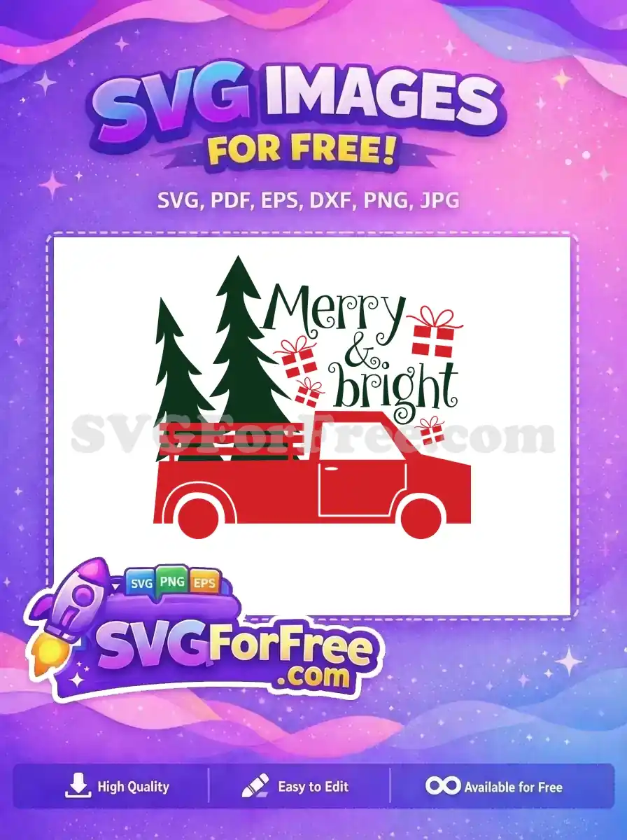 A Christmas-themed free SVG design featuring a red truck with presents and trees, perfect for the holidays.
