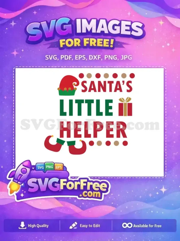 A free, colorful 'Santa's Little Helper' design with a Christmas hat, gift, and elf shoes in red, green, and gold.