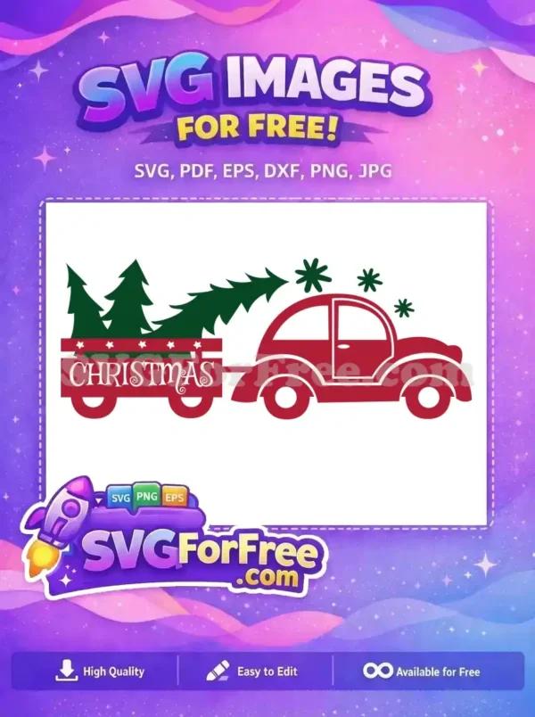 A red truck carrying a Christmas tree with snowflakes and stars in this free festive SVG design.