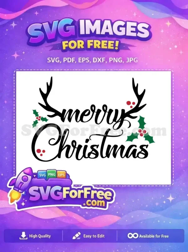 Free Reindeer Antlers and Holly Berries Christmas Design Free design featuring the text 'Merry Christmas' with reindeer antlers and holly berries for a festive look.