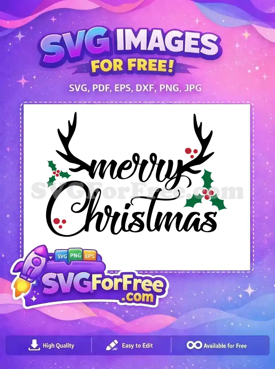 Free design featuring the text 'Merry Christmas' with reindeer antlers and holly berries for a festive look.
