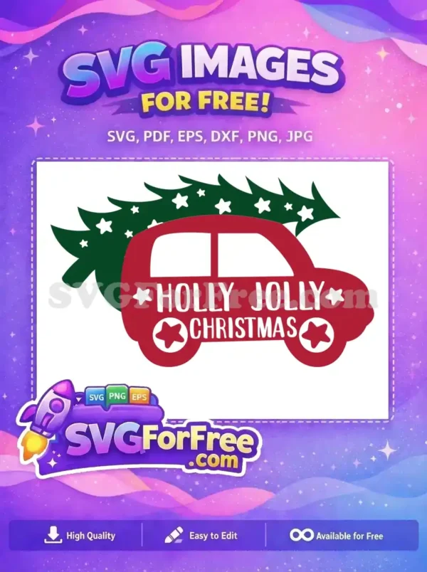A free SVG design showcasing a red car with a green tree and stars, ideal for Christmas-themed projects.