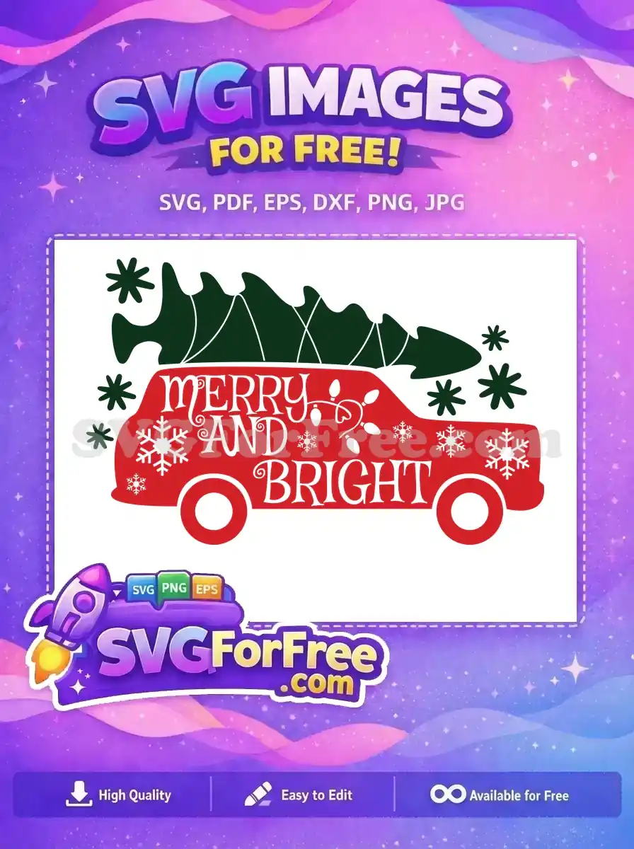 A free SVG design of a red vintage car with a green Christmas tree on top, and festive elements.