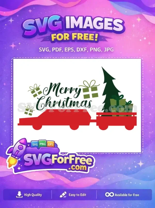 A red truck carrying green Christmas gifts and a tree, with a Merry Christmas message in festive font.