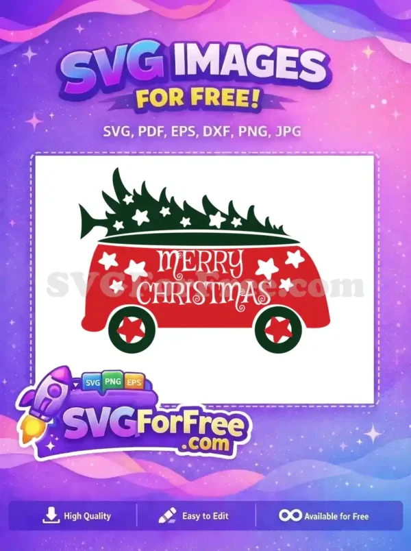 A free SVG of a red van carrying a Christmas tree with stars and 'Merry Christmas' text, ideal for holiday projects.