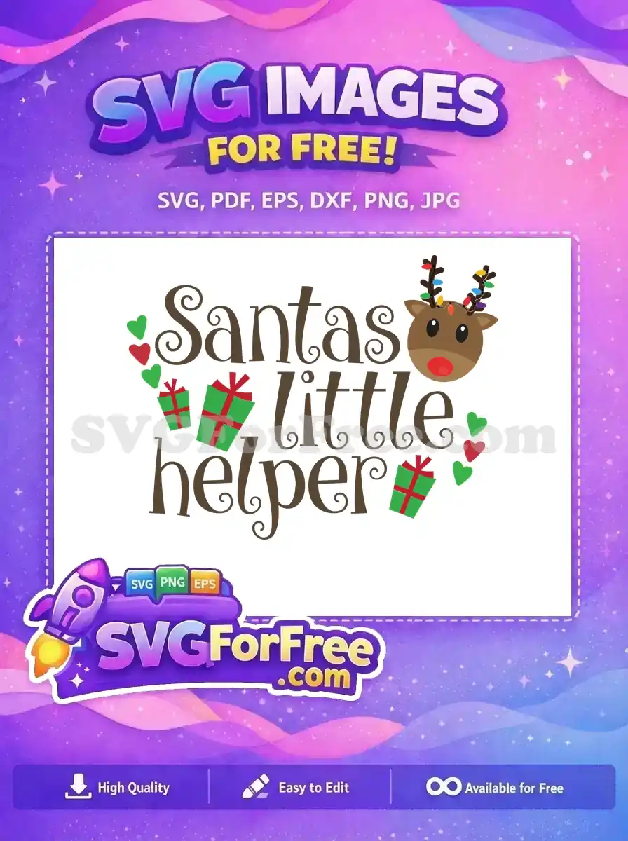 A free Christmas design featuring a reindeer with colorful lights, presents, and the phrase 'Santa's little helper'.