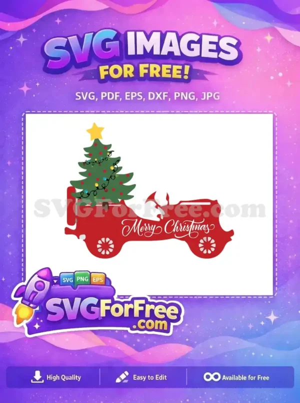 Free Red Truck with Christmas Tree and Merry Christmas Design SVG A free Christmas SVG design featuring a red truck with a decorated tree and 'Merry Christmas' text.