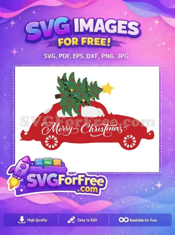 A festive red car carrying a Christmas tree, with colorful lights, and the text 'Merry Christmas' in a free SVG design.