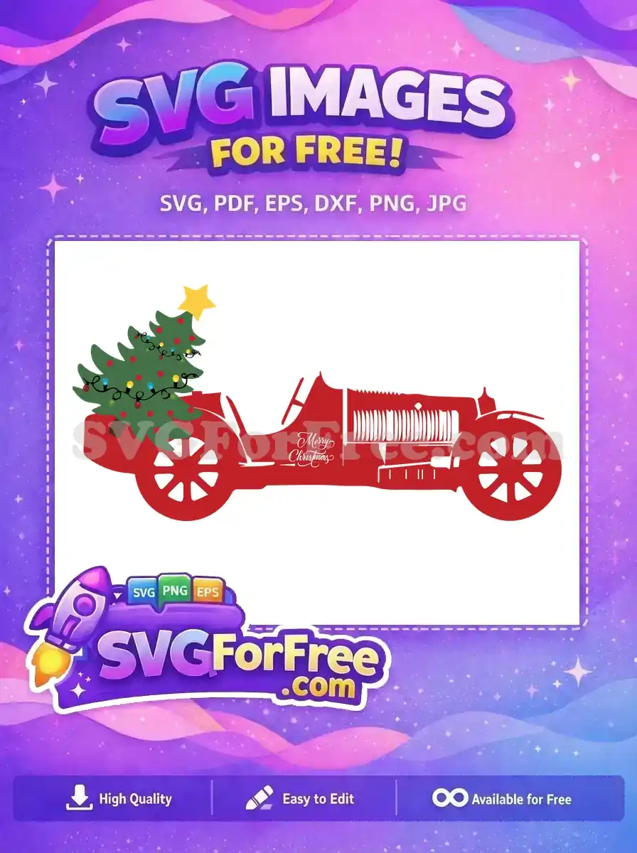 A festive free SVG design of a red vintage car with a Christmas tree adorned with lights and a star on top.