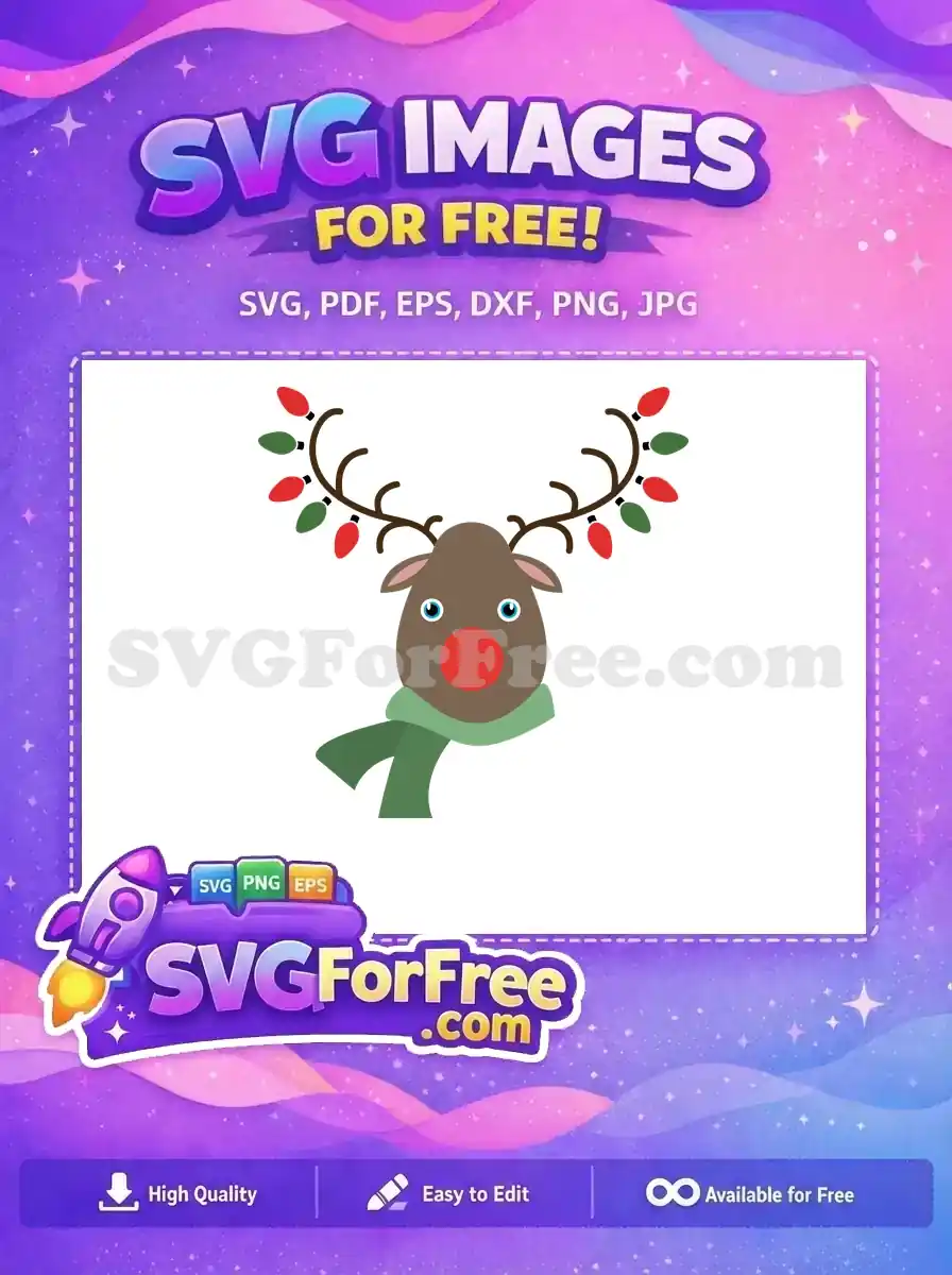 A cute reindeer wearing a scarf with colorful lights, perfect for Christmas-themed projects, free SVG design.