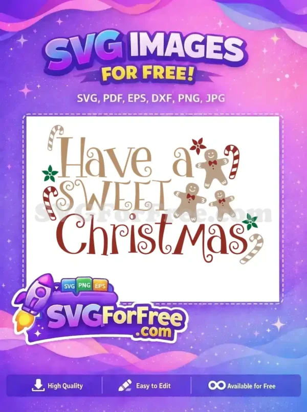 Free Smiling Gingerbread Men and Candy Canes Christmas SVG Design A festive free SVG design featuring gingerbread men, candy canes, and holiday decorations with a Christmas theme.