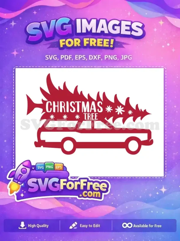 Free Red Station Wagon with Christmas Tree SVG for Holiday Designs A free design of a red station wagon carrying a Christmas tree, ideal for festive holiday projects.