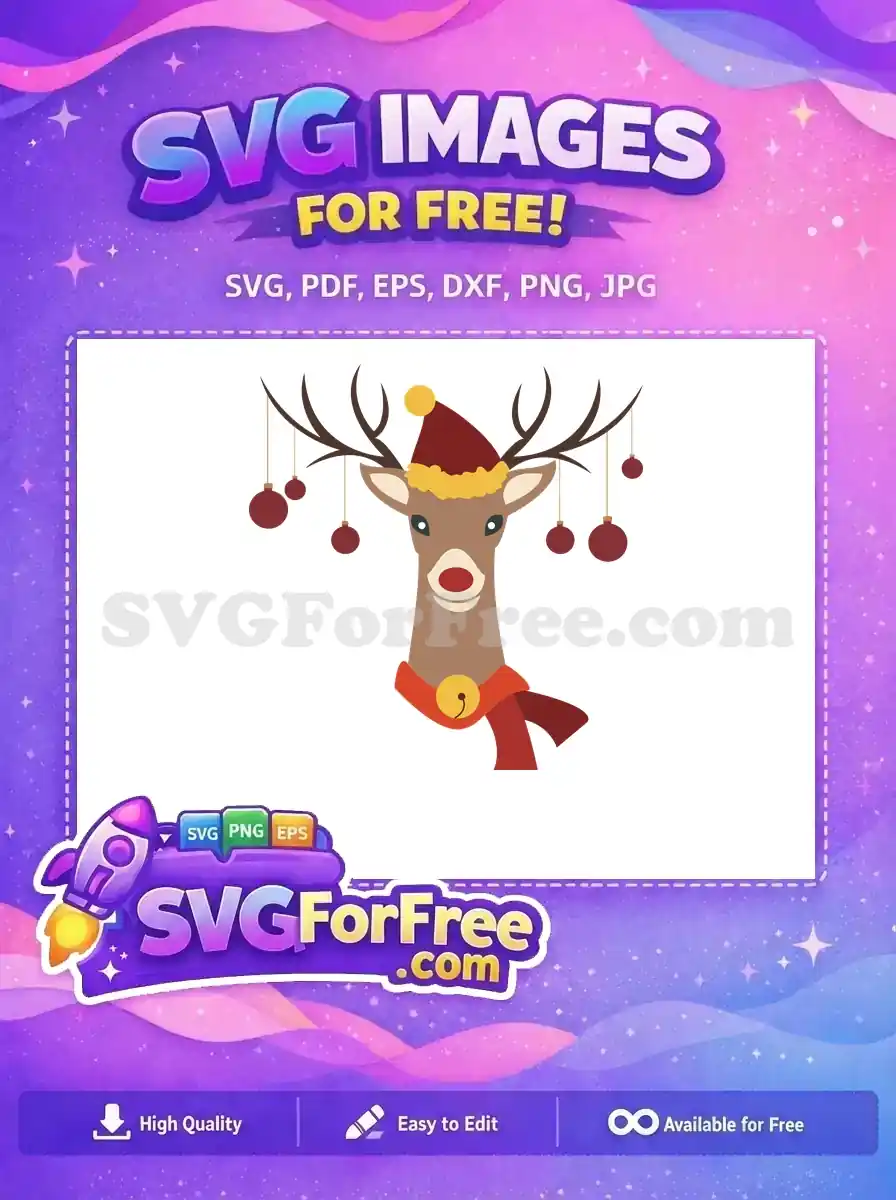 Free design featuring a Rudolph reindeer wearing a Santa hat, scarf, and surrounded by ornaments for Christmas.