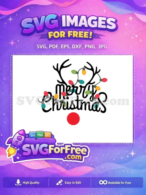 A free SVG design showcasing reindeer antlers with colorful Christmas lights and the text 'Merry Christmas'.