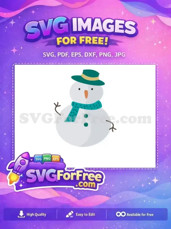 A cute snowman with a teal scarf and green hat, perfect for Christmas-themed projects. Free SVG design.