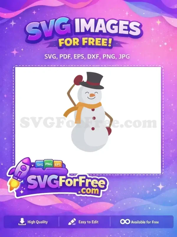 A free cheerful snowman wearing a black hat and scarf, designed for Christmas-themed projects.