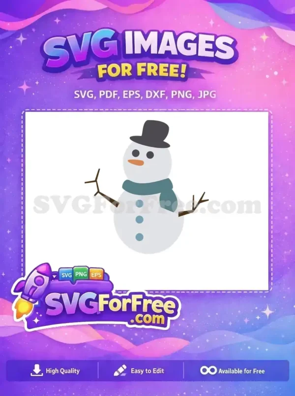 A cute snowman with a black hat, scarf, and button details, featuring branch arms. A perfect free design for winter crafts.