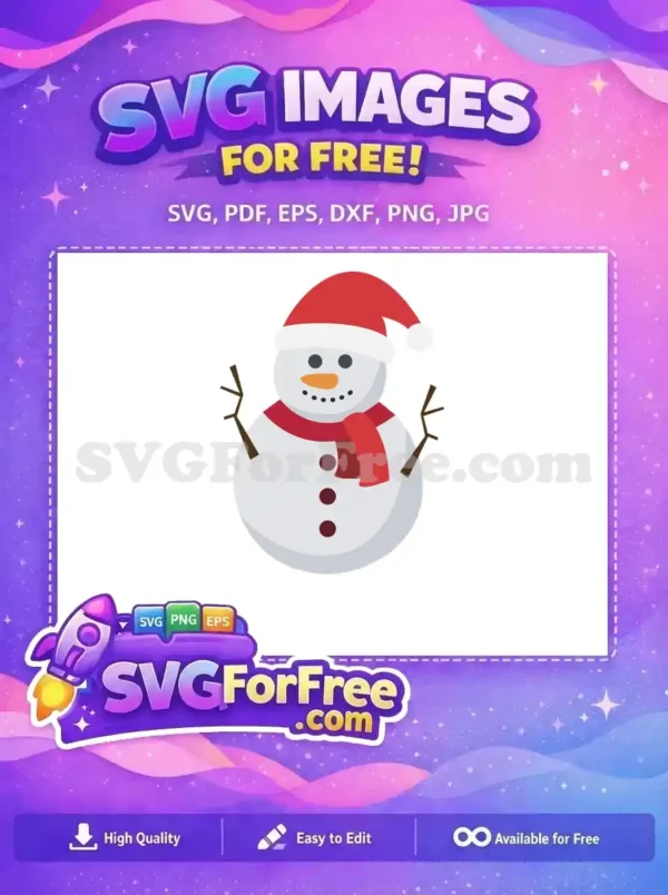 A smiling snowman wearing a red hat and scarf with a carrot nose, available as a free SVG design.