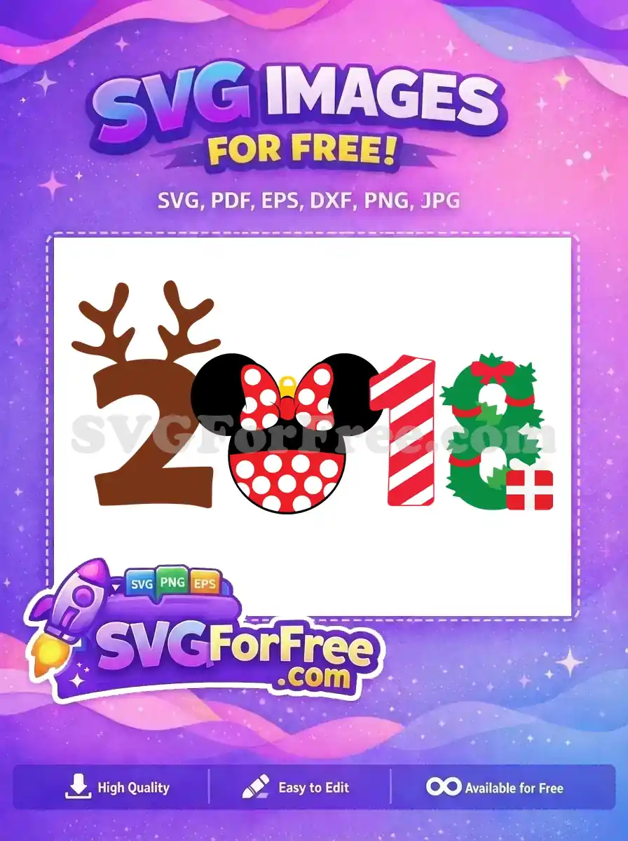 A colorful free SVG design showcasing reindeer antlers, a Minnie Mouse bow, candy cane, and a wreath for Christmas 2018.