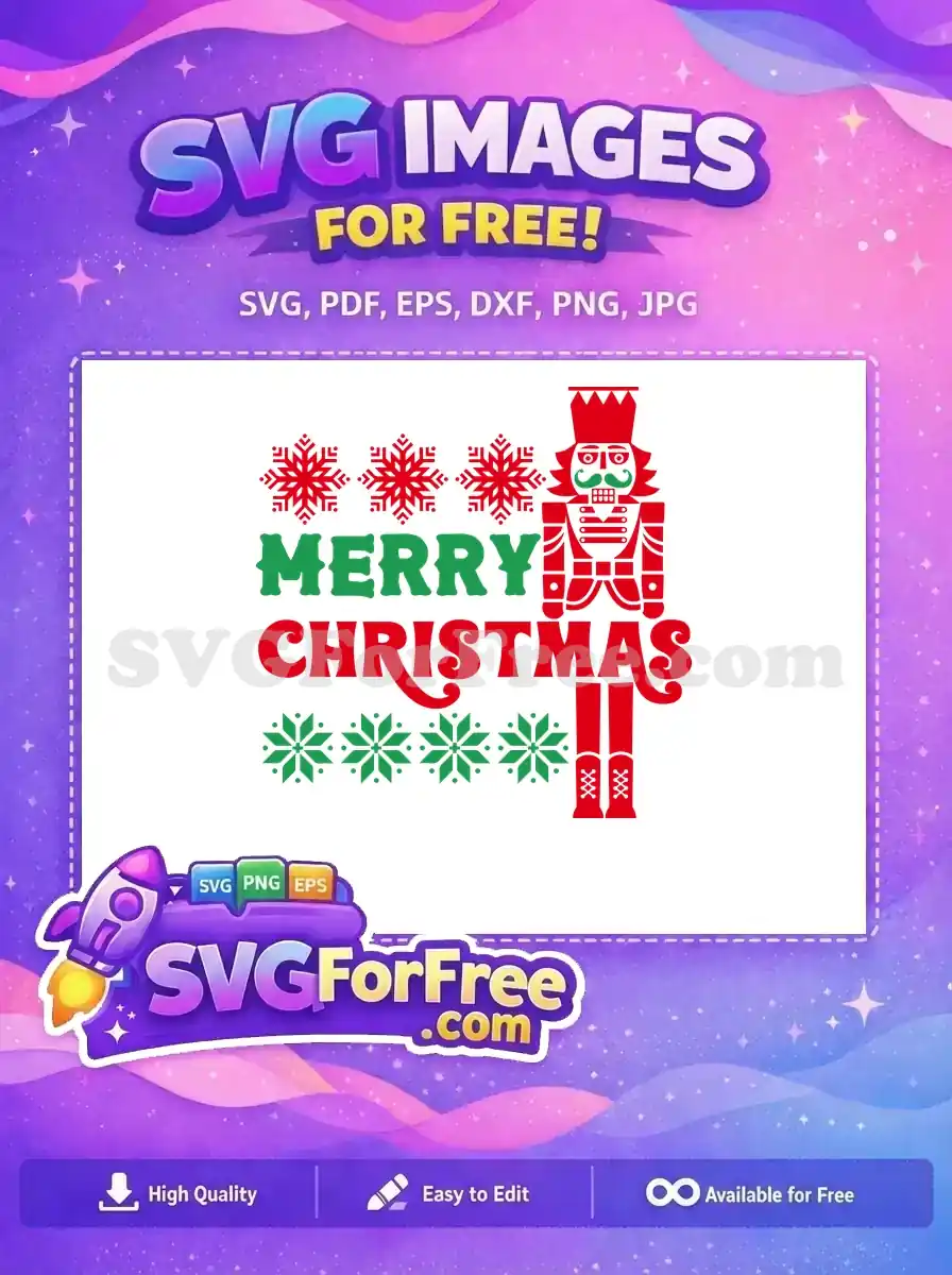 A festive free design featuring a nutcracker soldier, 'Merry Christmas' text, and snowflakes in red and green colors.