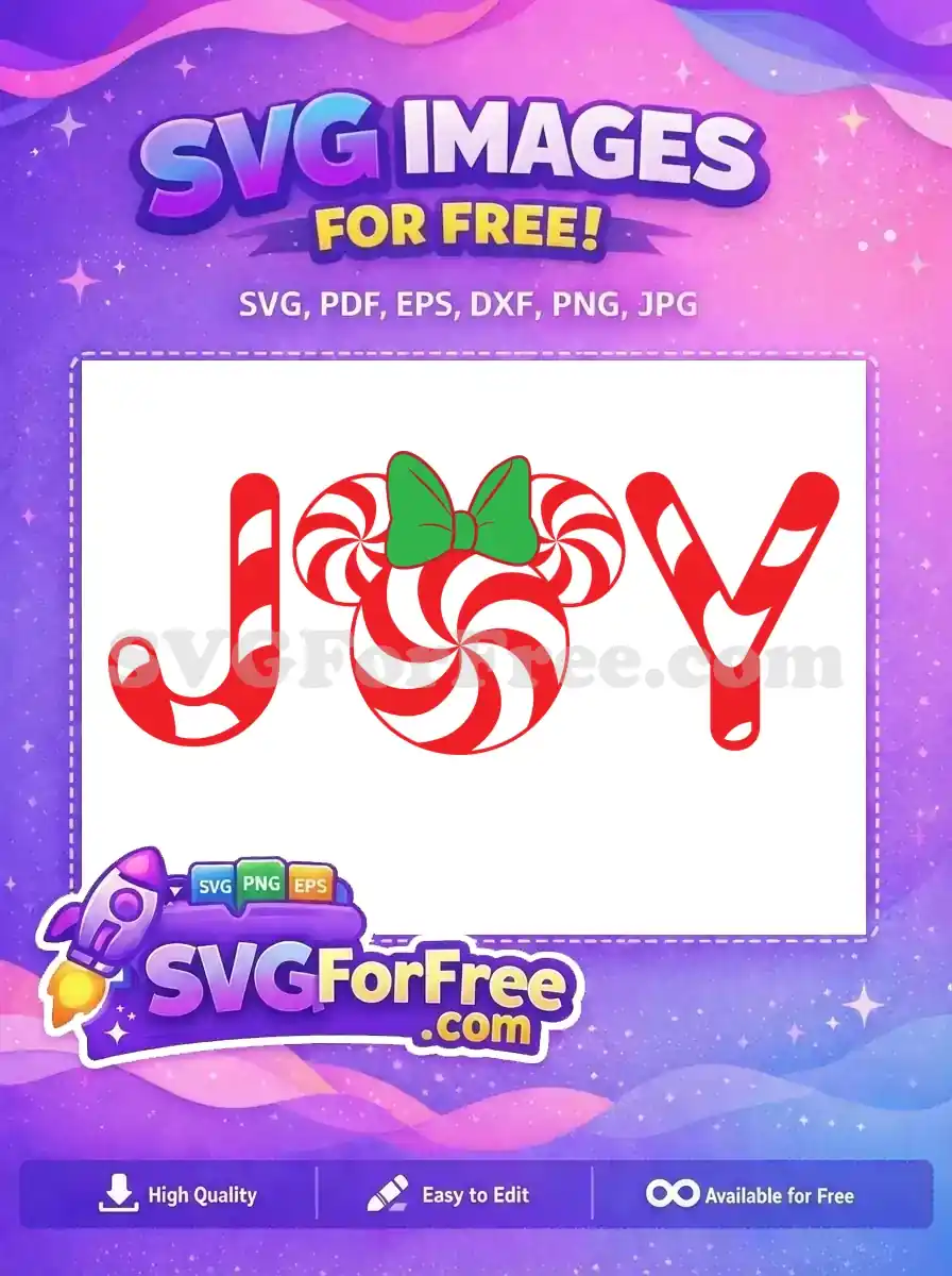 Free striped JOY design with Minnie Mouse ears, red and white spirals, and a green bow for a Christmas theme.