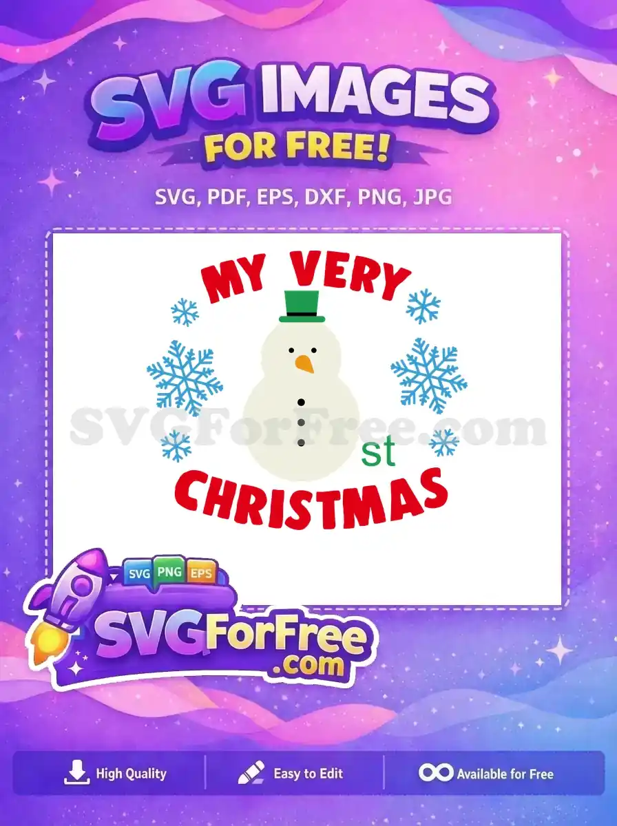 Free snowman design with a green hat and a cheerful first Christmas message, perfect for holiday crafts.