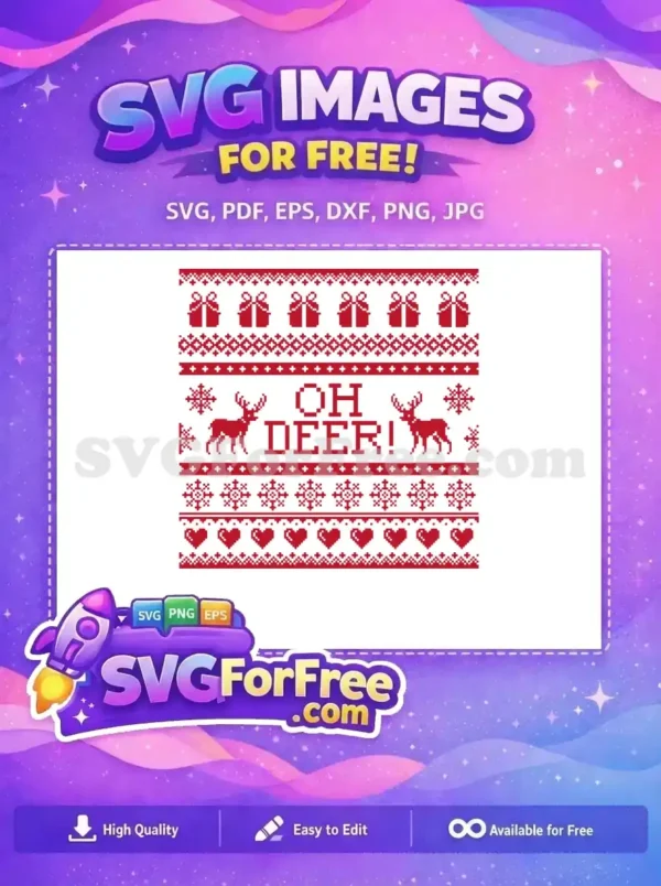 Free Oh Deer Christmas Sweater Design with Gifts and Reindeer A free and festive 'Oh Deer' design with reindeer, snowflakes, and hearts for a Christmas sweater pattern.
