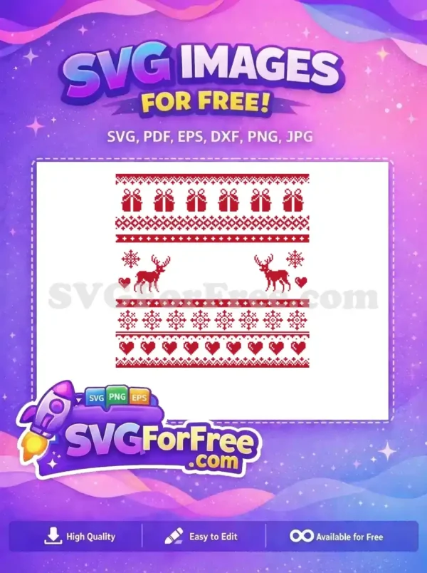 A free red pixel-style Christmas sweater design with gifts, reindeer, snowflakes, and hearts, perfect for the season.