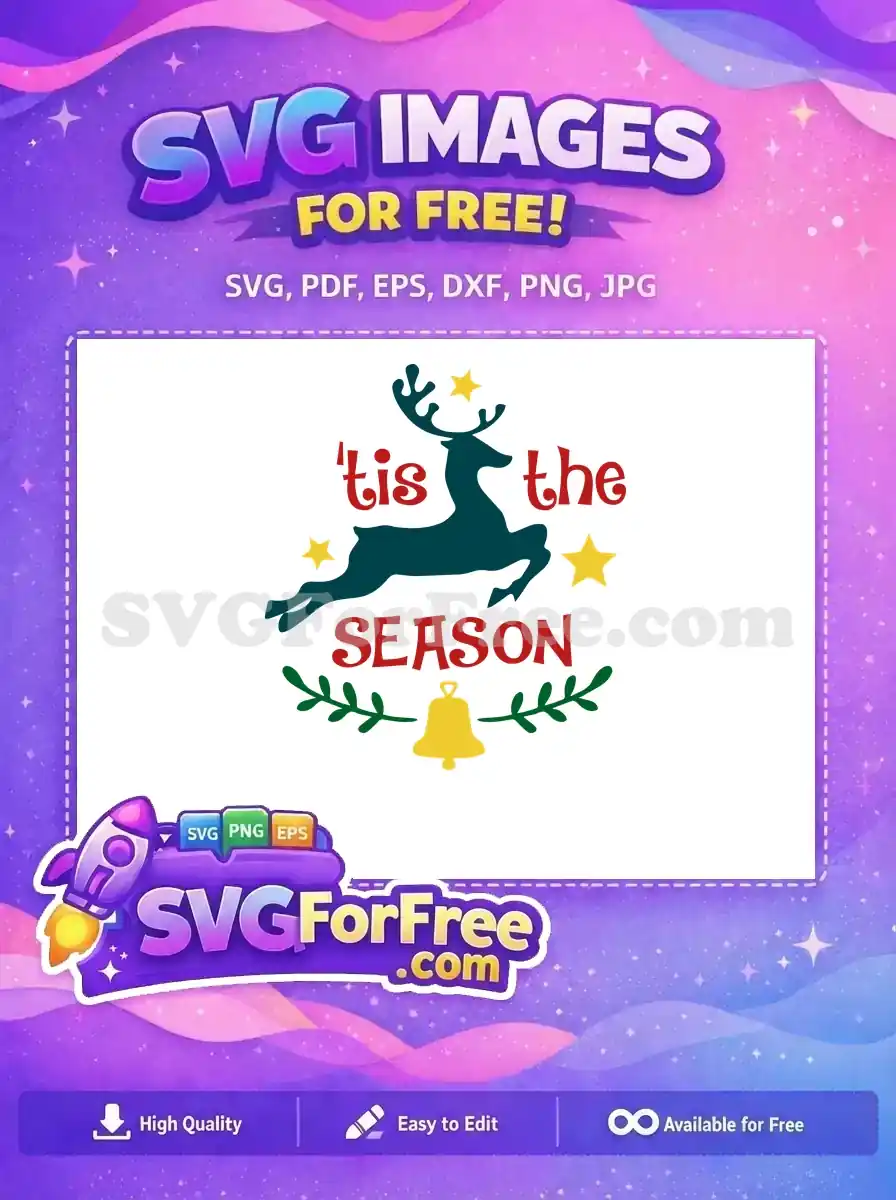 A teal reindeer leaping with a bell and stars in a colorful 'Tis the Season' design, perfect for Christmas.