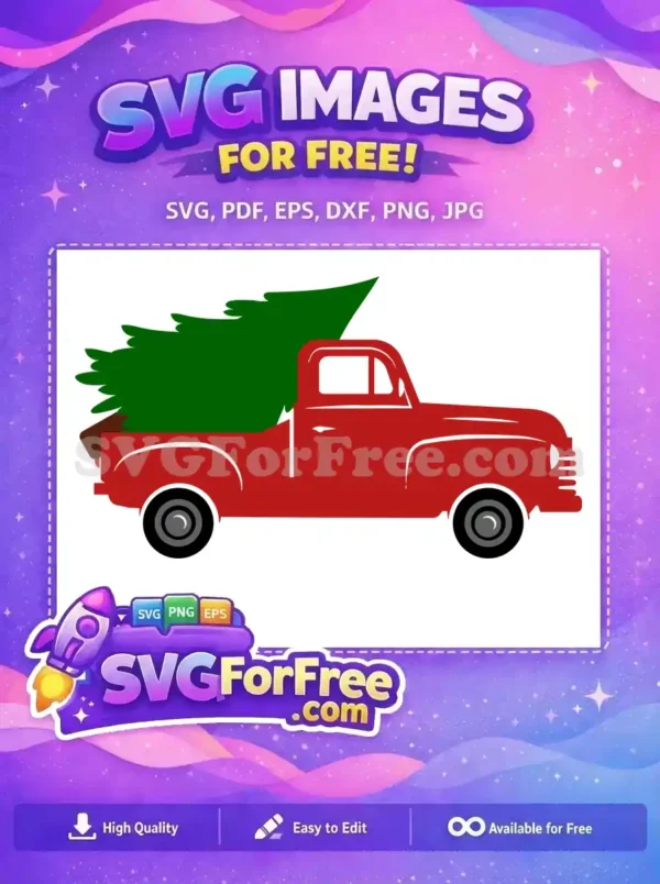 A red vintage truck carrying a green Christmas tree in the bed, ideal for holiday-themed designs and free SVG files.