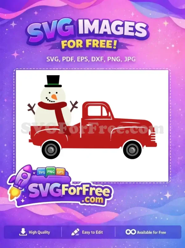 A free Christmas-themed SVG featuring a snowman with a red scarf and a red truck, perfect for festive crafts.
