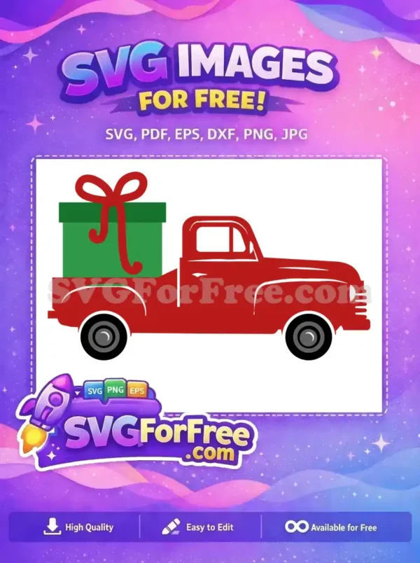 A red vintage truck carrying a green gift box with a red bow, perfect for Christmas. Free festive SVG design.