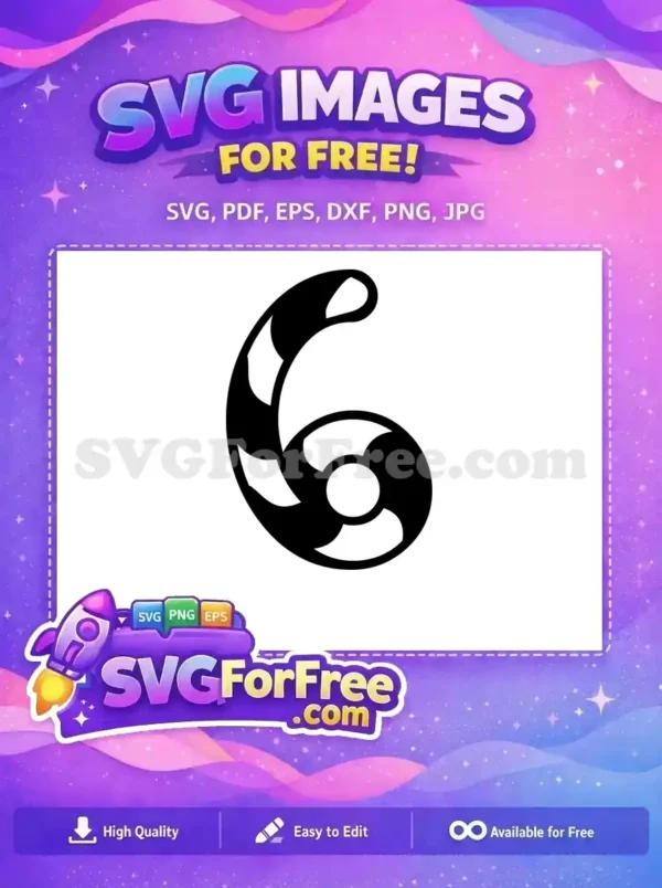 A free festive number six SVG design with a black and white swirling pattern, ideal for Christmas-themed designs.