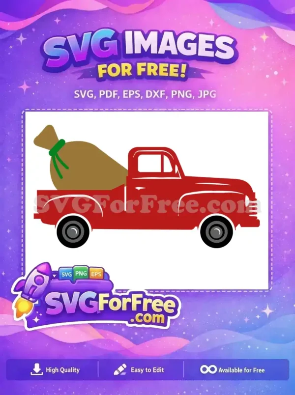 A red vintage truck carrying a green tied sack for Christmas, designed as a free SVG for holiday projects.