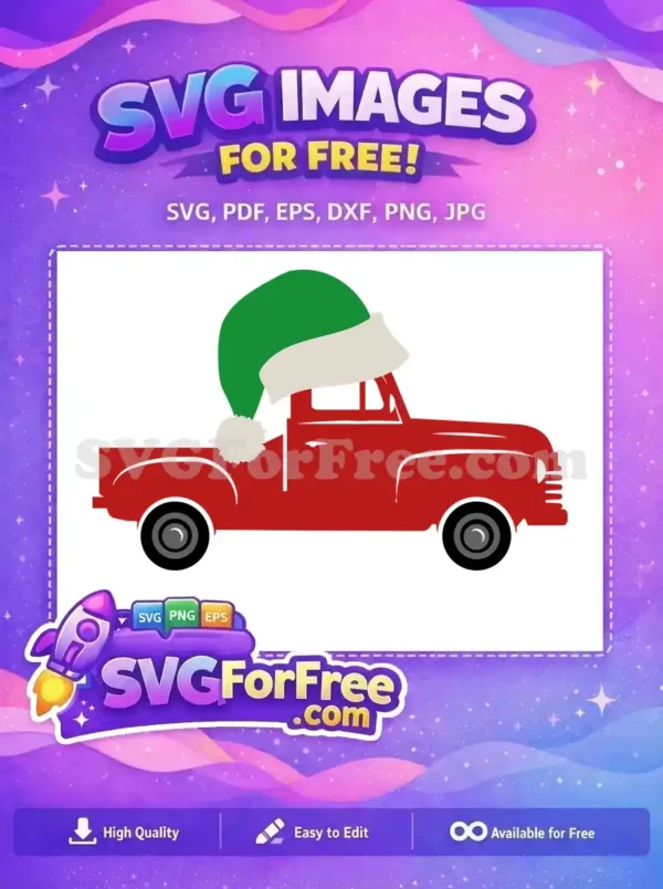 A red vintage truck wearing a green Santa hat, perfect for free Christmas designs and festive projects.