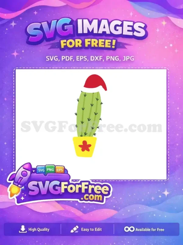 A free SVG design of a cactus in a yellow pot with a red Christmas hat, ideal for holiday-themed designs.