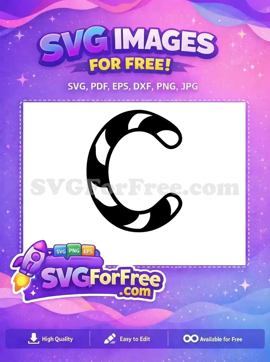 A free striped letter 'C' with a candy cane design, ideal for Christmas-themed projects and decorations.