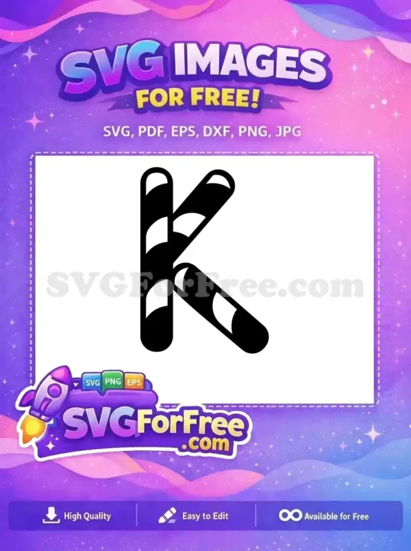 A free striped candy cane design shaped like the letter K, perfect for festive Christmas projects.