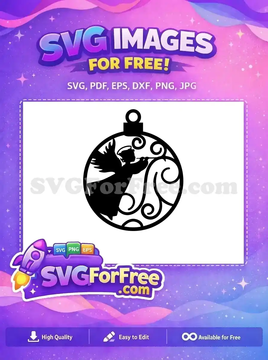 A free design of an angel playing a trumpet inside a Christmas ornament with swirling patterns.