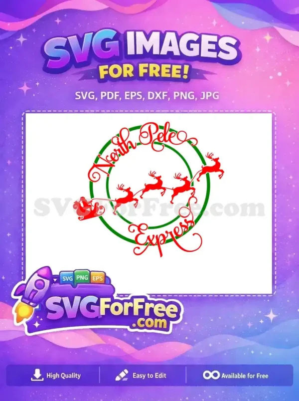 A festive free design featuring Santa in a sleigh, pulled by reindeer, with the North Pole Express text in a circular green frame.