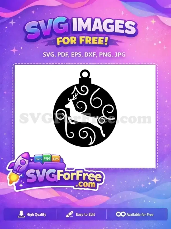 A black Christmas ornament with white swirling patterns and a leaping reindeer, available as a free SVG.