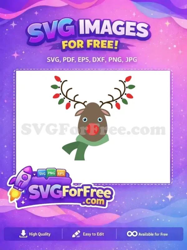 A cute and colorful free design of Rudolph with a red nose, holiday lights on antlers, and a green scarf.