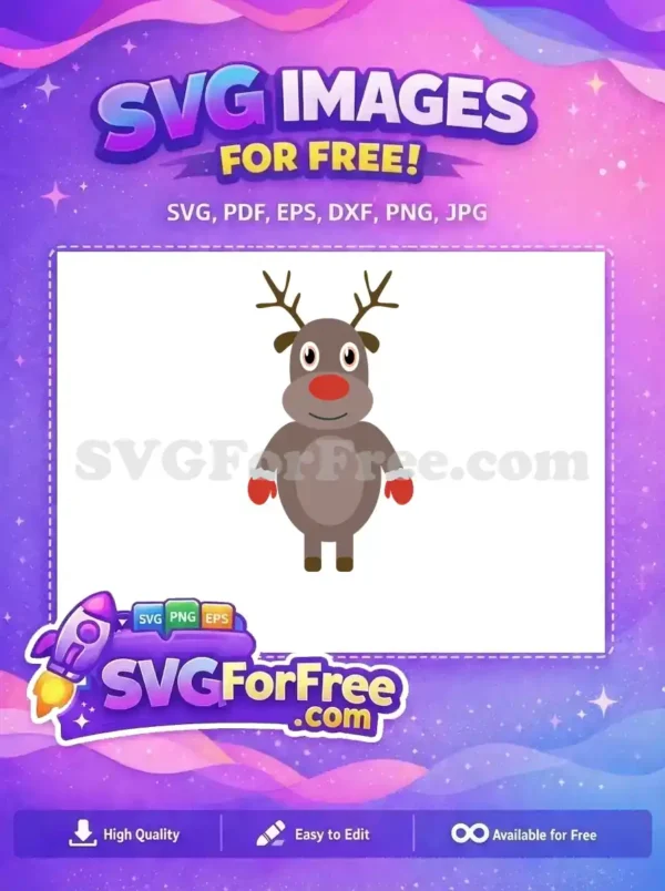 A cute Rudolph reindeer with red mittens, offering a free design perfect for holiday-themed projects.