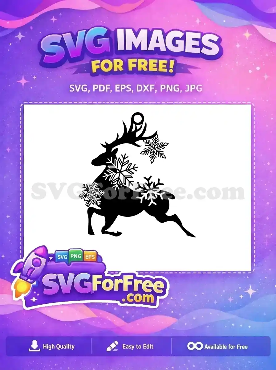 A free black silhouette of a reindeer with snowflakes, perfect for Christmas-themed projects and designs.