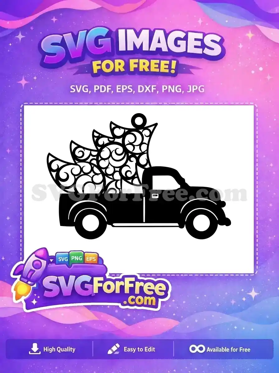 A free SVG of a vintage black truck carrying swirly Christmas trees, ideal for holiday-themed designs.