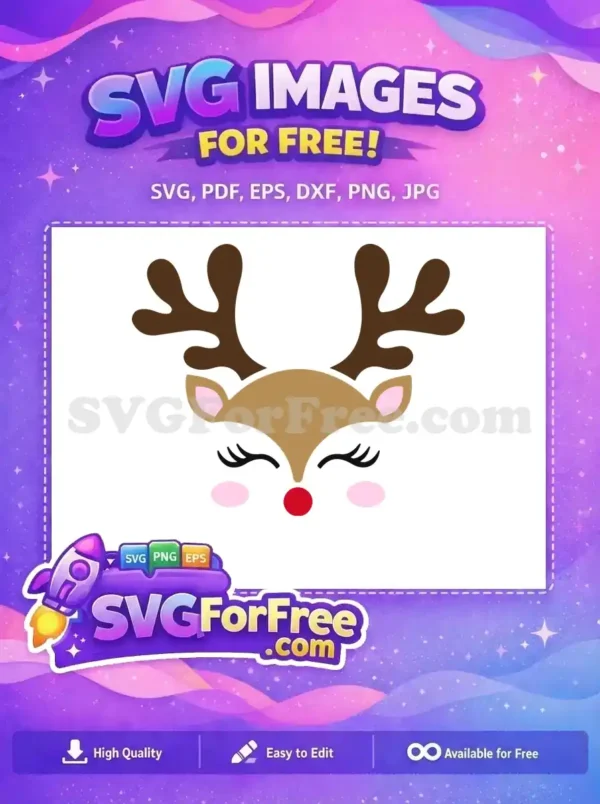 A cute, free SVG design of Rudolph the reindeer’s face with antlers, red nose, and closed eyes.
