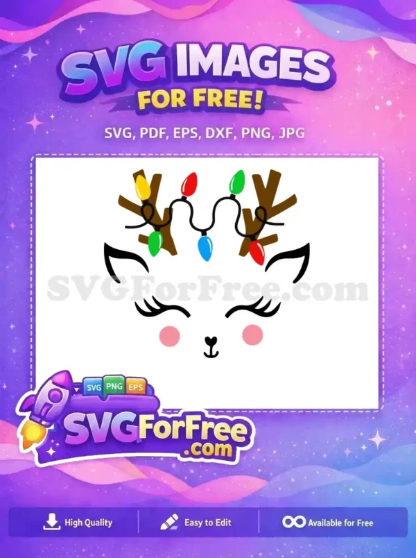 A cute reindeer with bright colored antlers adorned with colorful Christmas lights and a red nose.