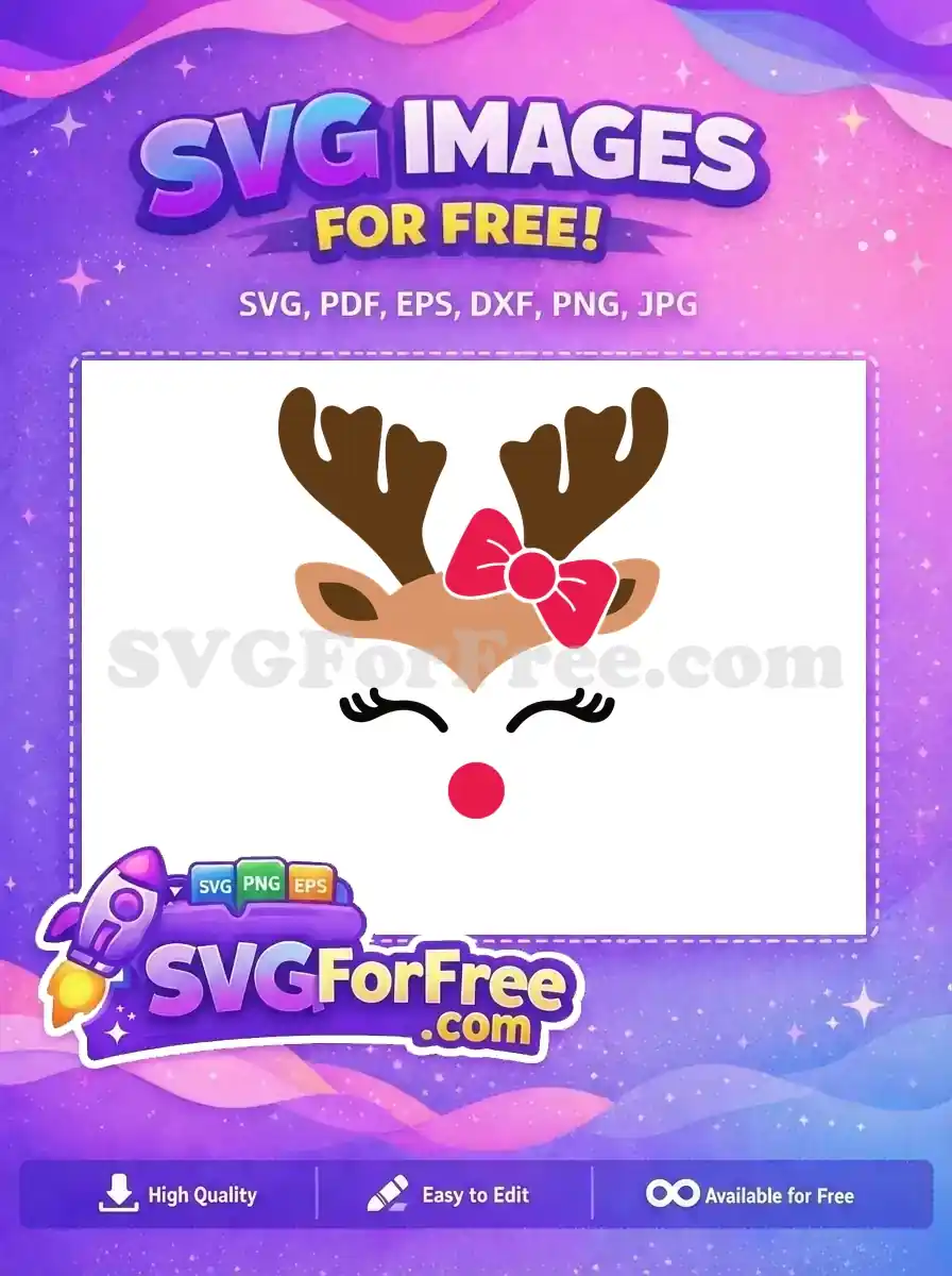 A cute reindeer design featuring a red nose and bow, ideal for Christmas projects. Free SVG download.