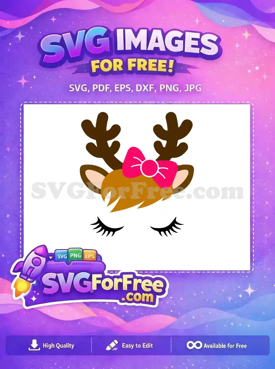 Free design of a cute reindeer with pink bow and long eyelashes, ideal for holiday-themed projects.