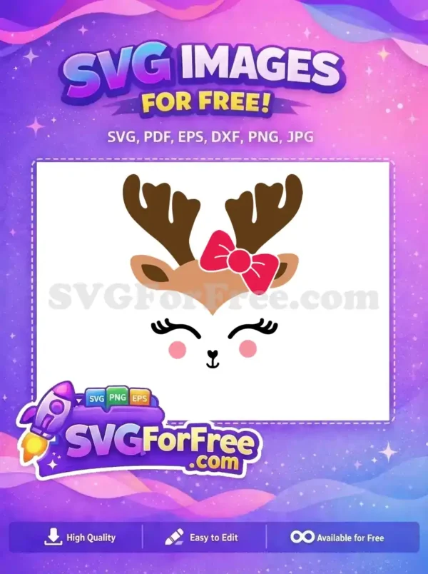 A cute reindeer with antlers and a pink bow, designed in a simple, colorful style, perfect for Christmas projects.